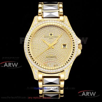 Swiss Replica Vacheron Constantin Traditionnelle All Gold Diamond Case Full Diamond Dial 2-Tone Pyramid Band 40mm Watch